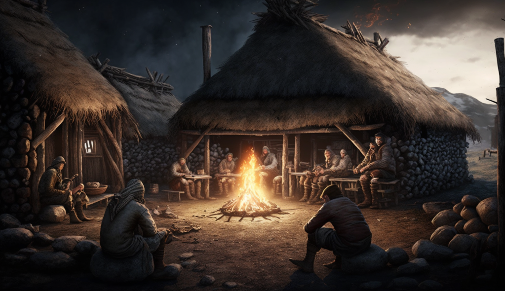 BillyGoat_Stone_Age_village_with_residents_sitting_around_a_fir_a175bdde-2f0f-429c-be0f-b47684302650.png